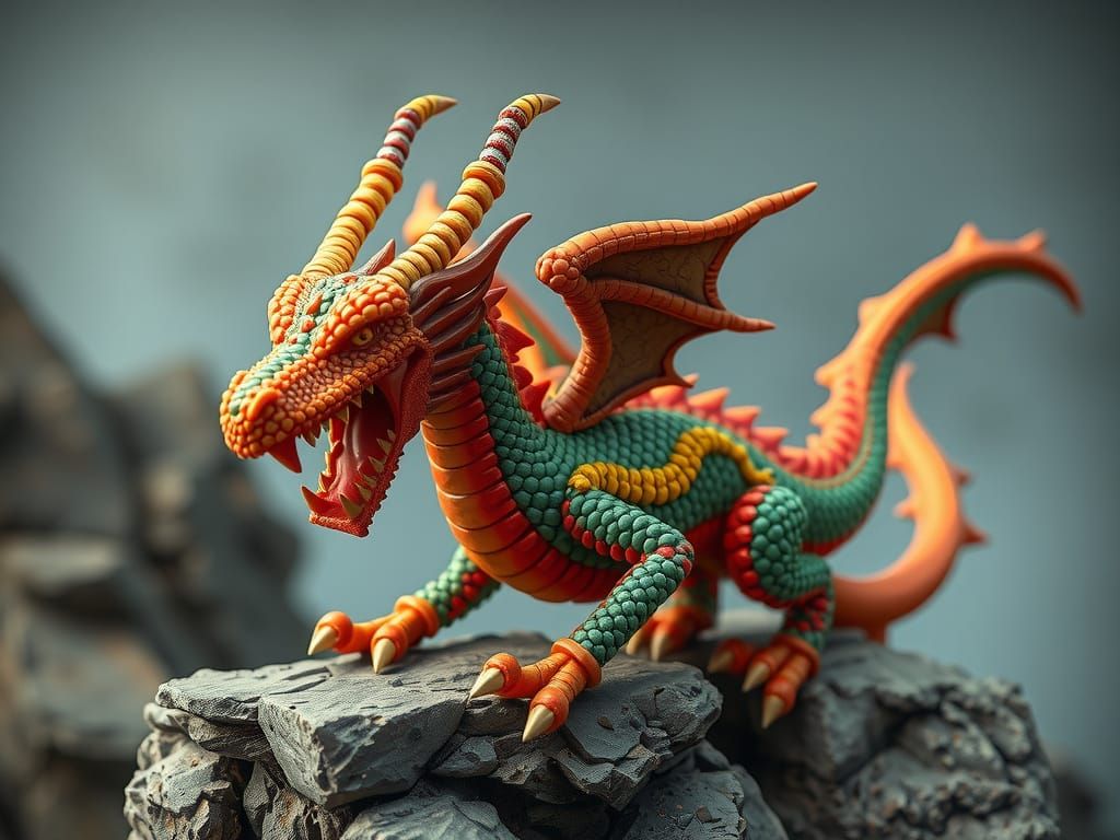 Beaded Dragon Figurine Roaring on Rocky Ledge