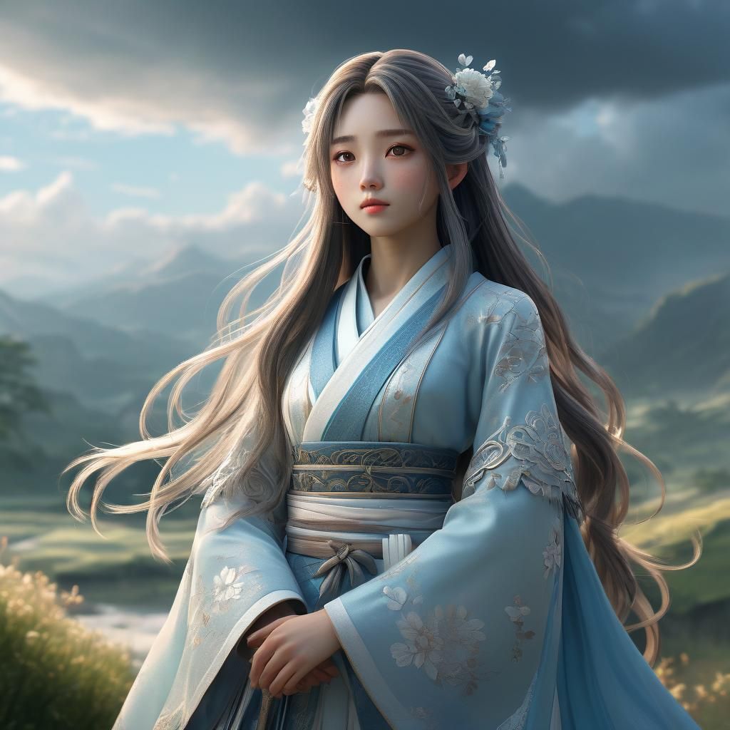 Anime Woman in Dreamy Landscape: 3D Concept Art
