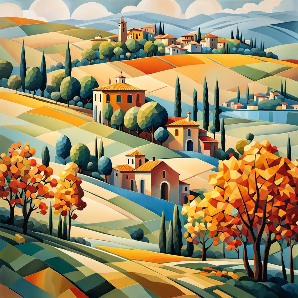 Colorful Italian Town Landscape in Cubist Style