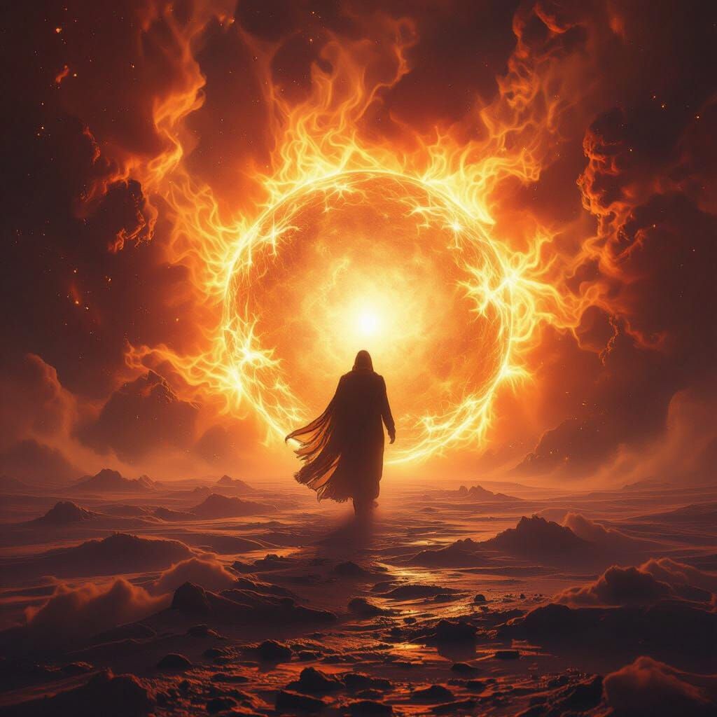 Figure Enters Radiant Sun in Cosmic Digital Matte Painting