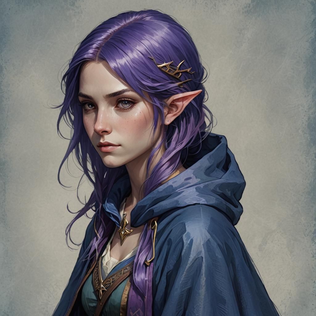 female half-elf, with purple hair. Blue cloak.