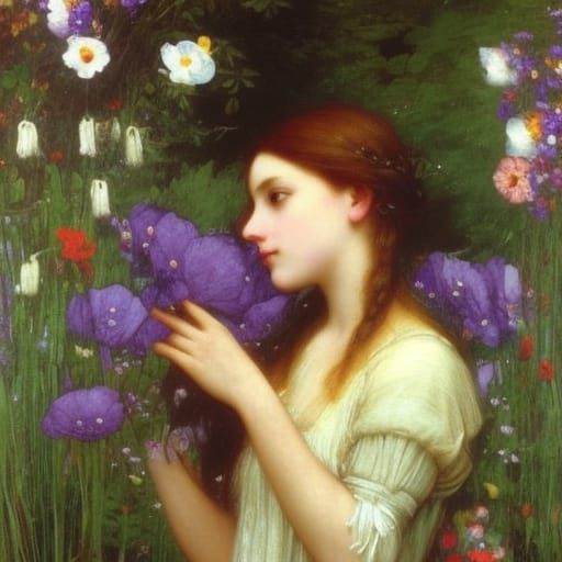 Renaissance Girl with Flowers by River