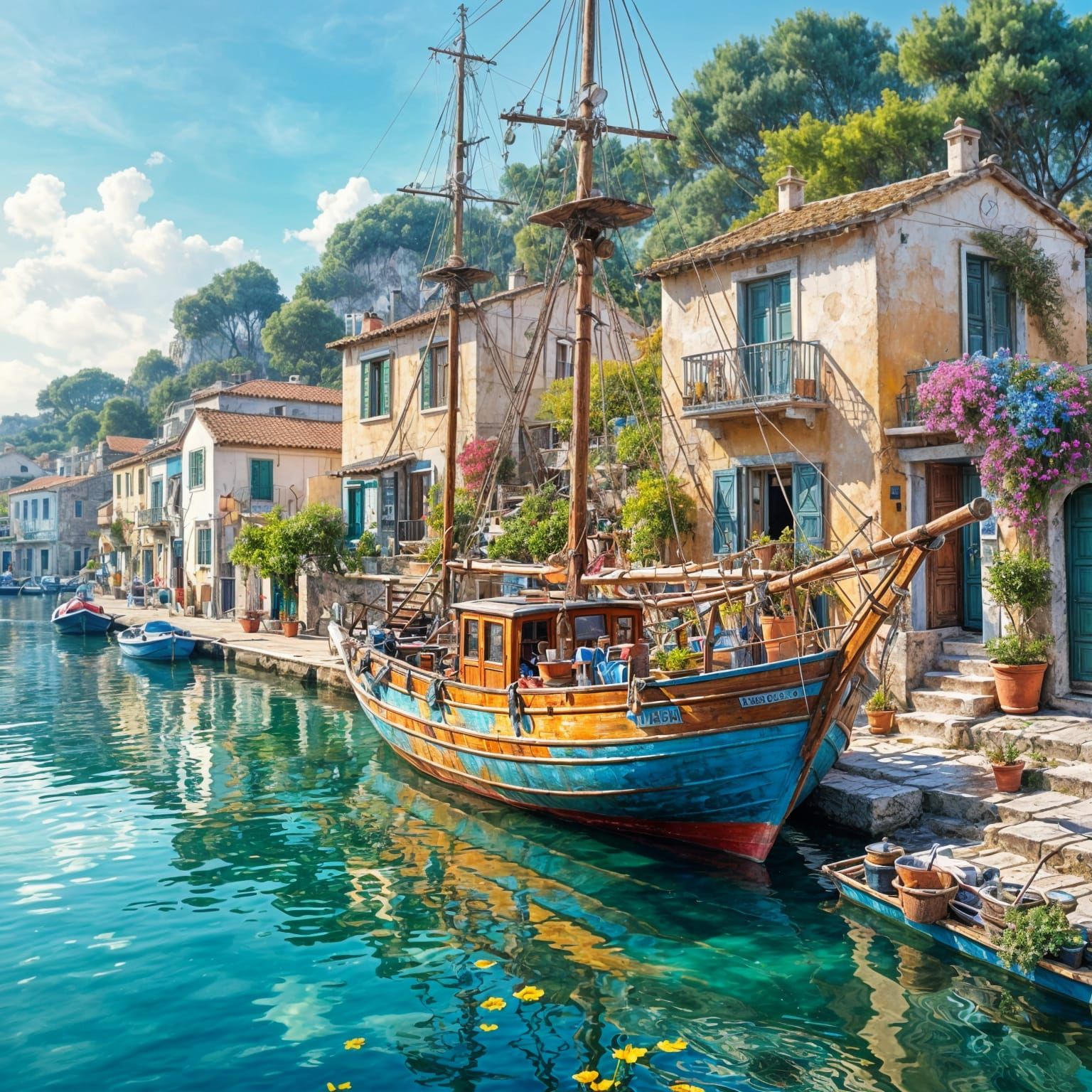 A boat in port of a Greek island