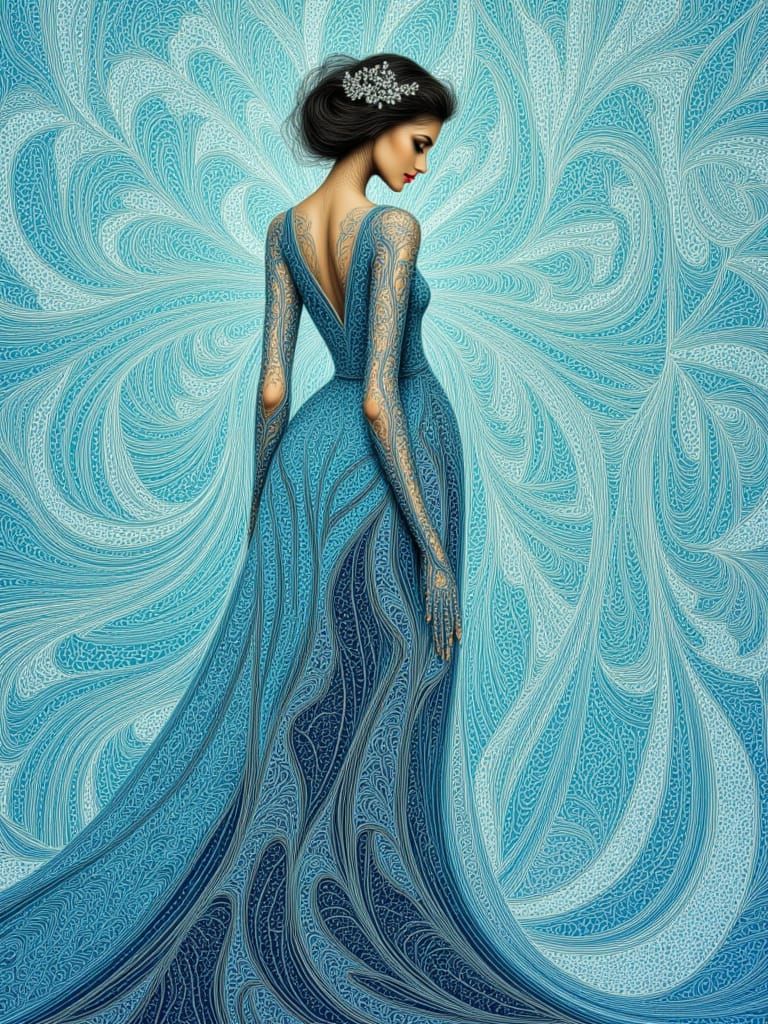 Fine Line String Art Female Figure in Blue Tones