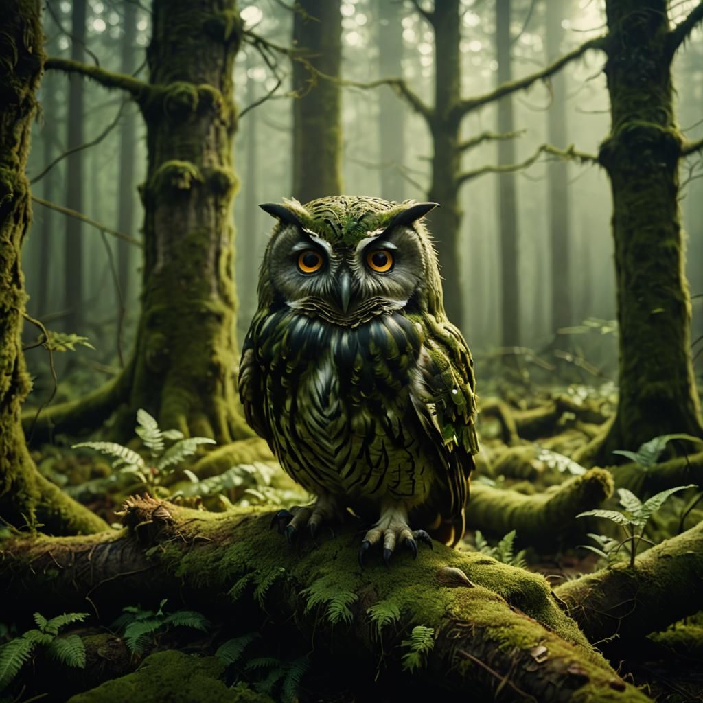 Living Wood Owl in Misty Magic Forest