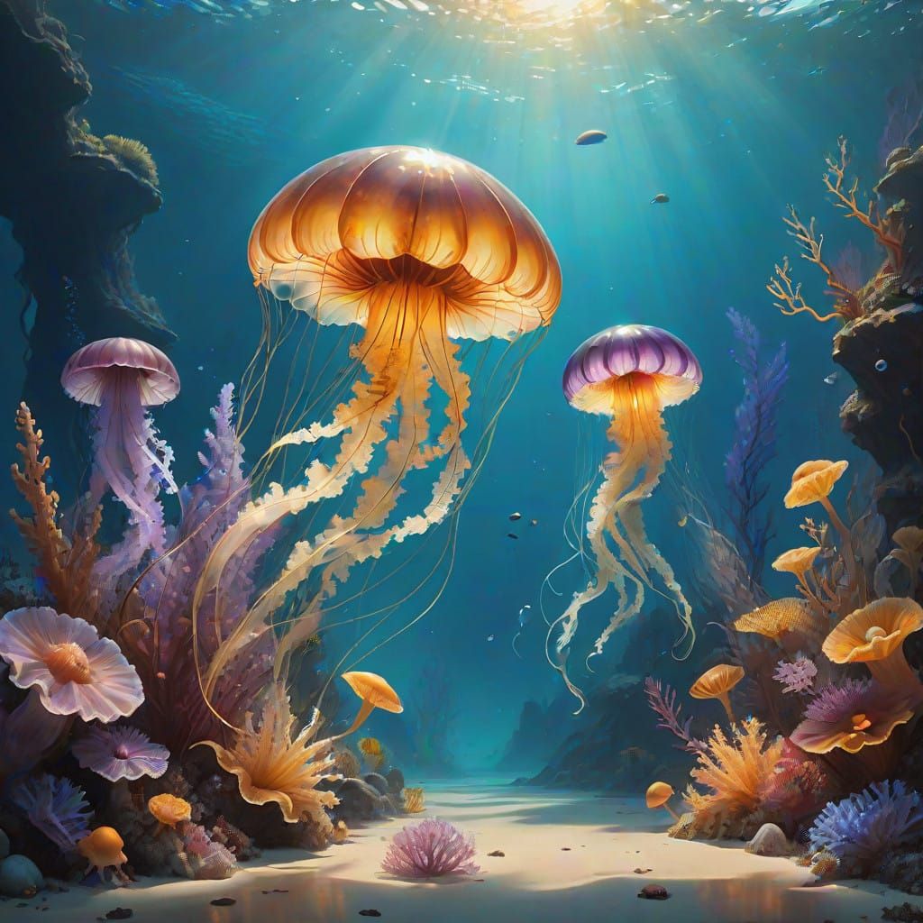 Ethereal Underwater Realm in Vibrant Gouache Watercolors