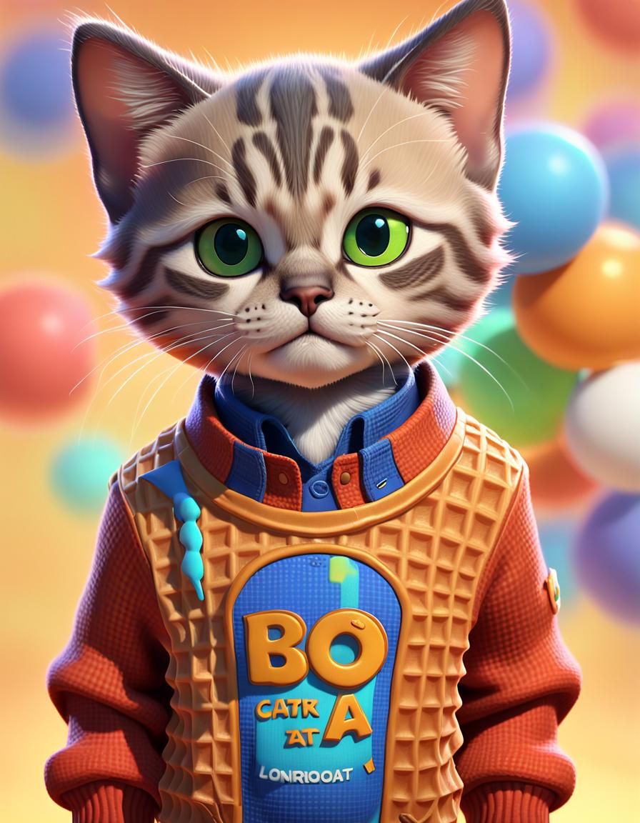 Bobtail Kitten in Waffle Shirt: 3D Digital Art