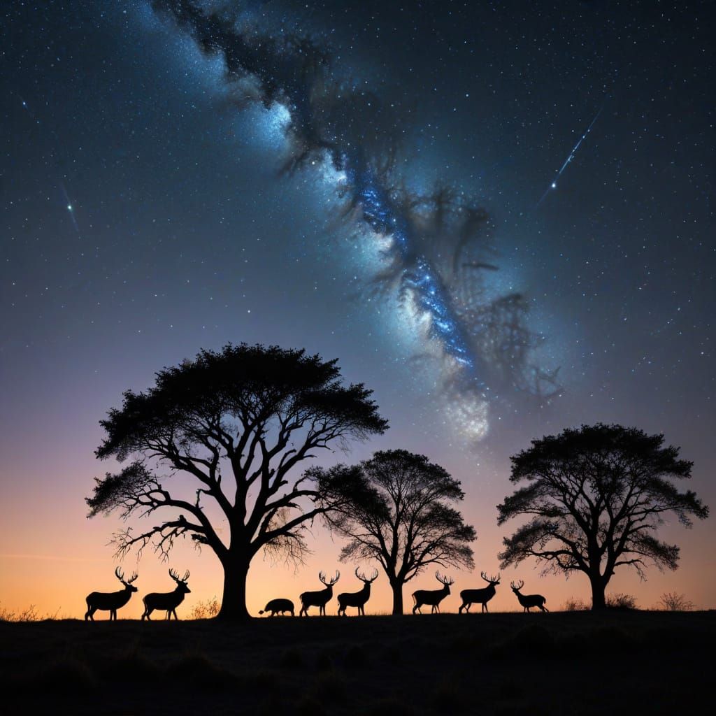 Silhouetted Animals Under a Luminous Night Sky
