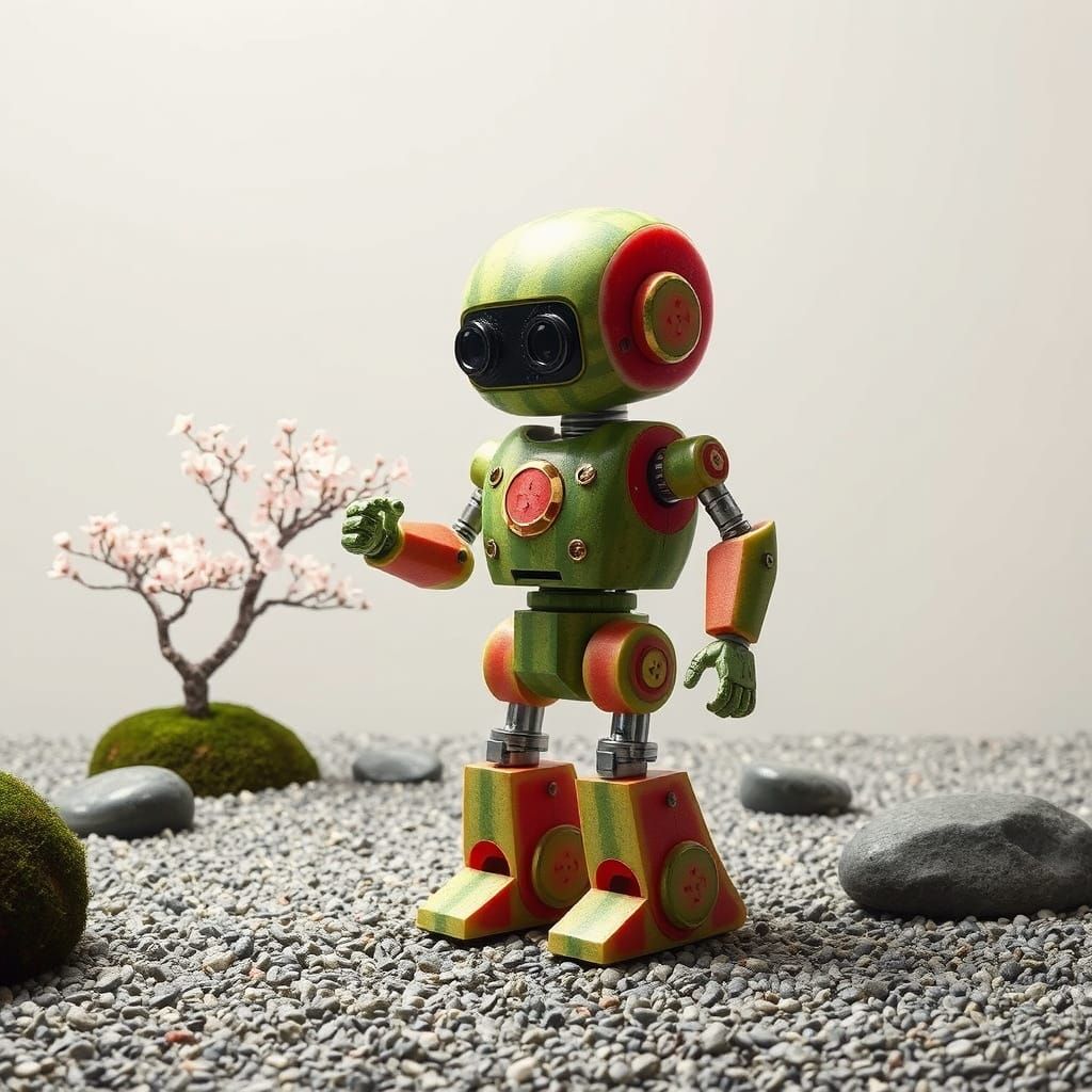 A whimsical robot assembled from mismatched watermelon shard...