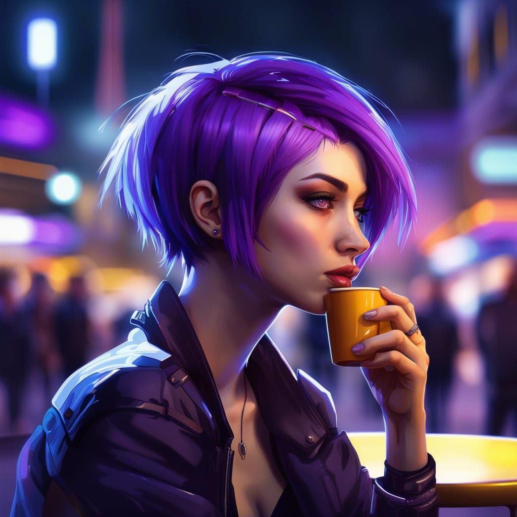 Cyberpunk Girl Drinking Coffee in Neon Cafe