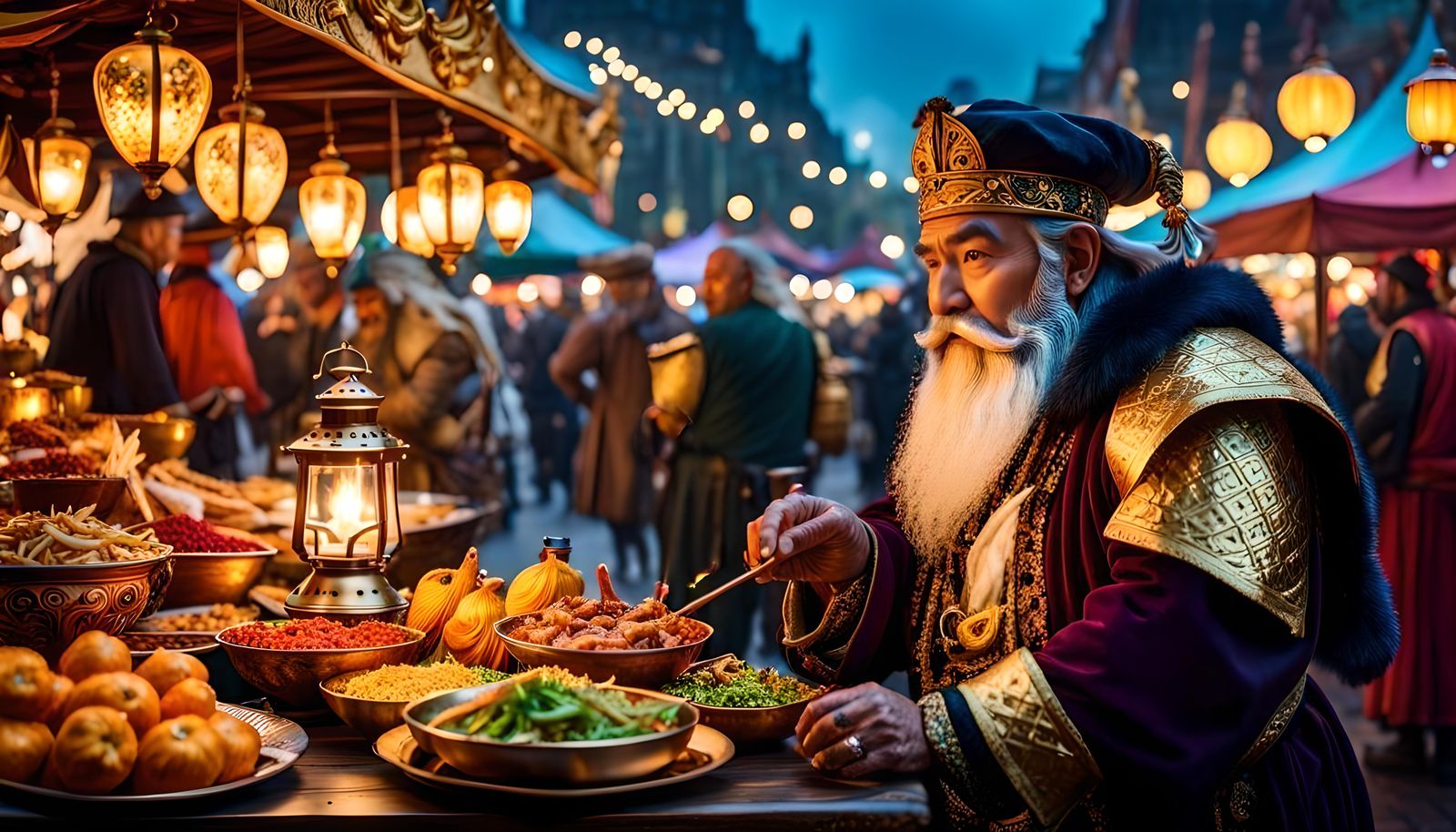 Crowded Fantasy Night Market with Food Stalls