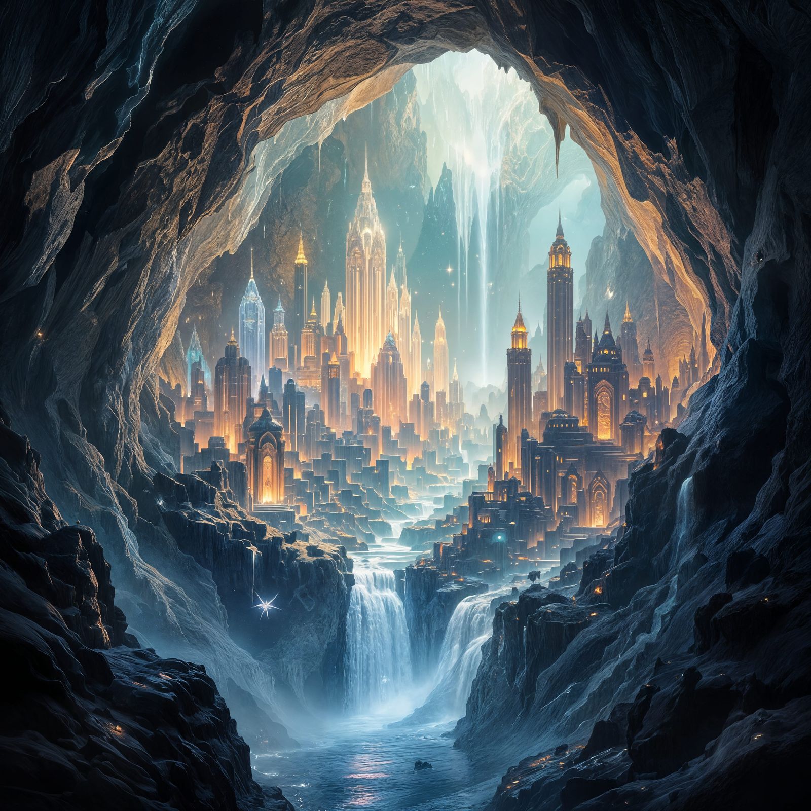 Hidden Geode City With Bioluminescent Life