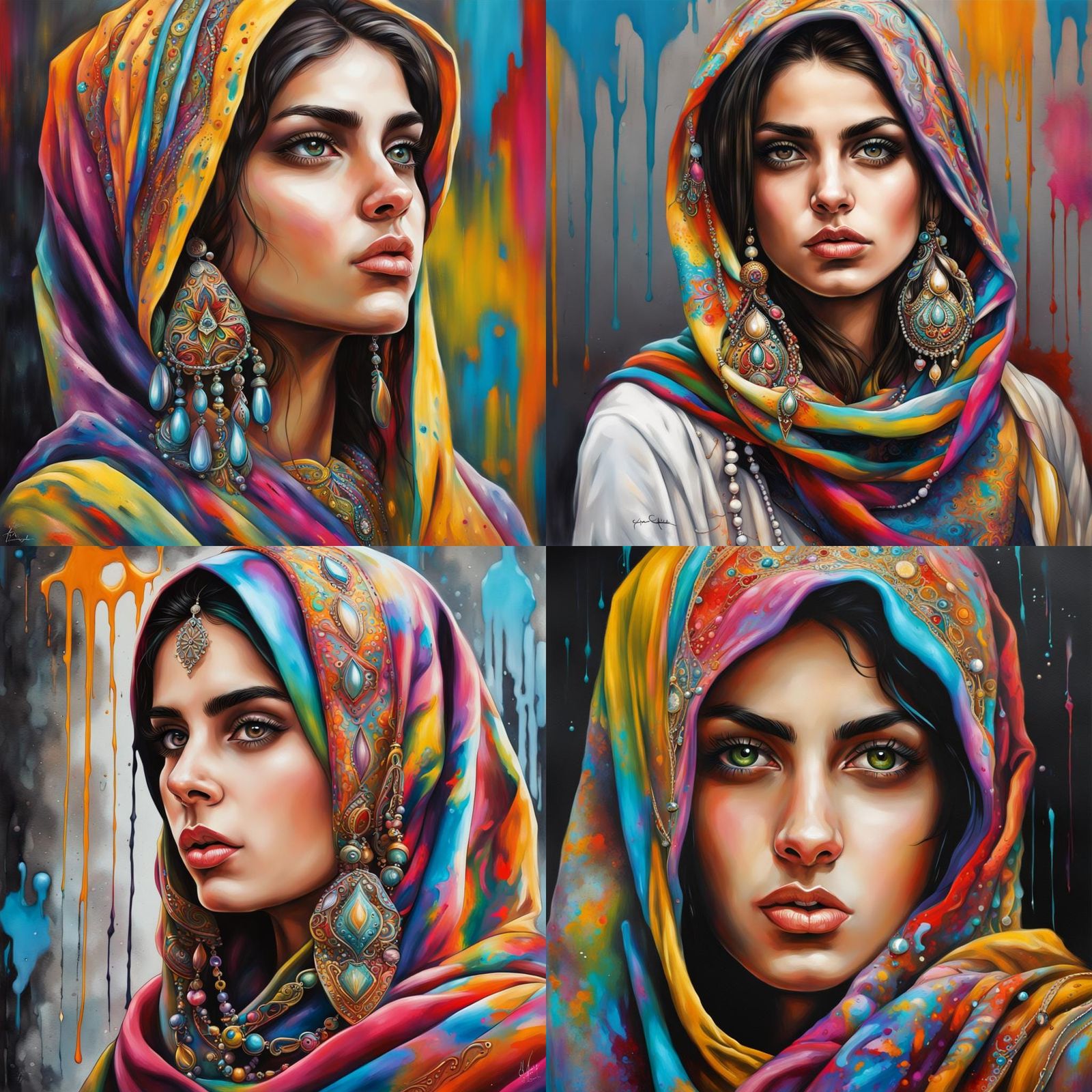 Hyperreal Persian Girl in Multicolored Shawl