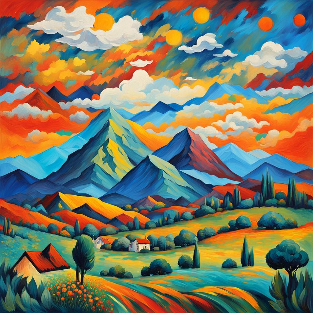 Impressionistic Landscape with Artistic Figures and Animals