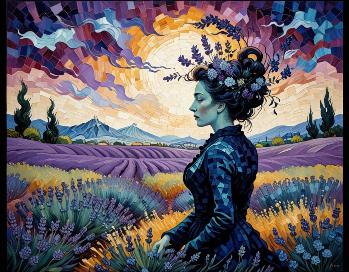 Whimsical Mosaic Landscape in Deep Blues and Turquoises