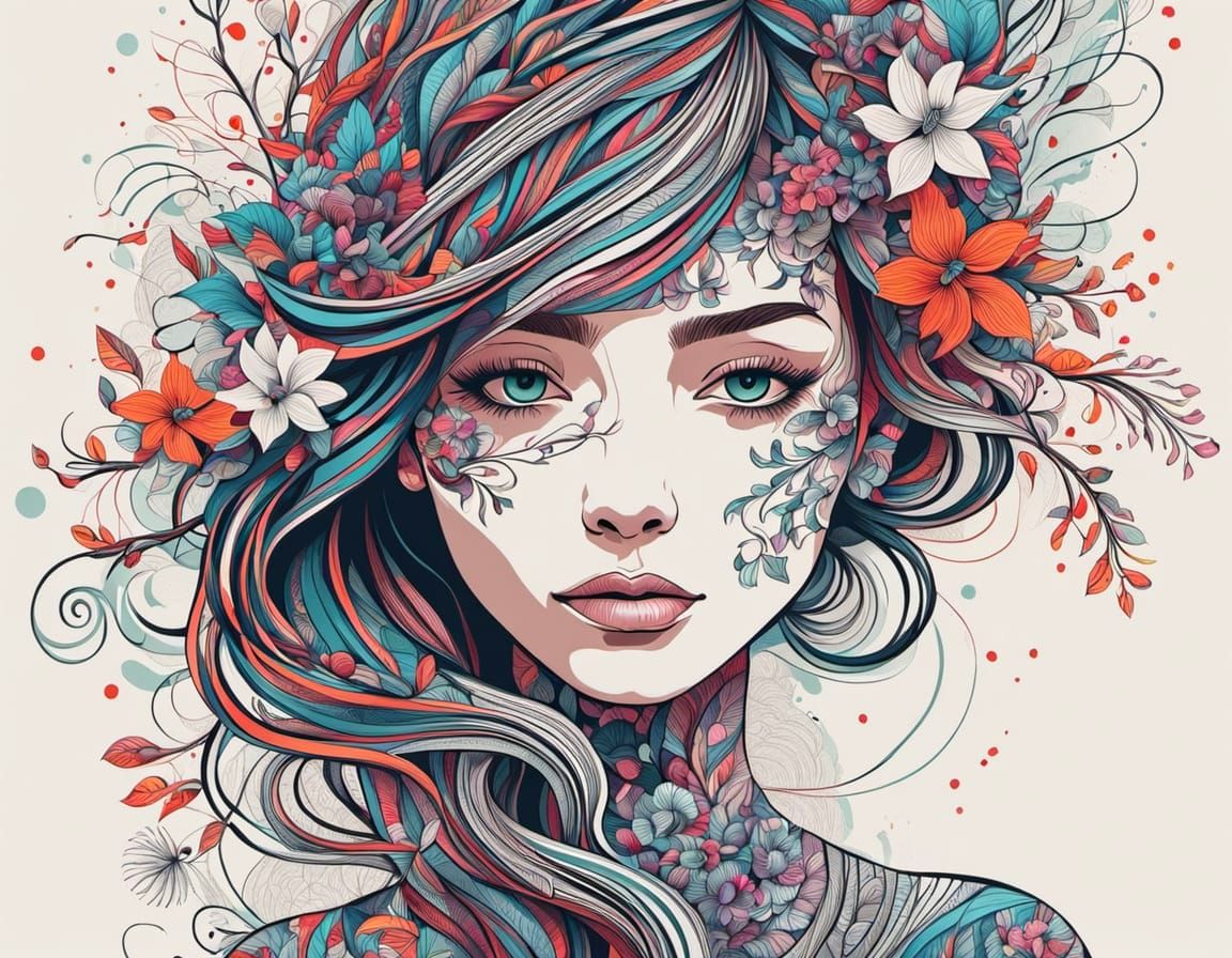 Woman Portrait With Flowering Branches Inside Head