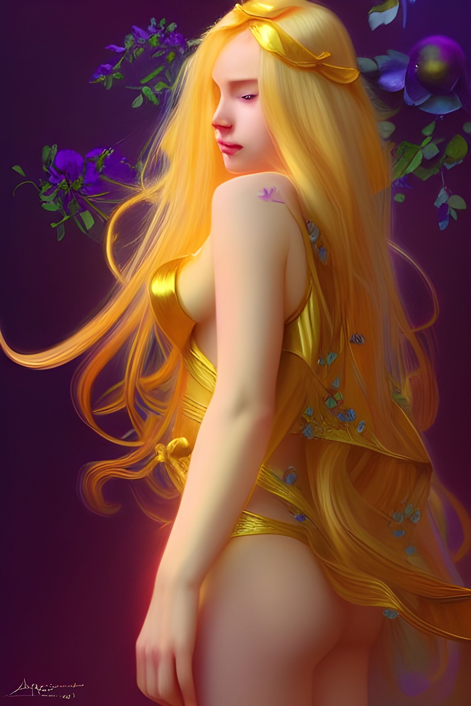 Sensual Elf Girl in Golden Dress, Hyperrealistic Art