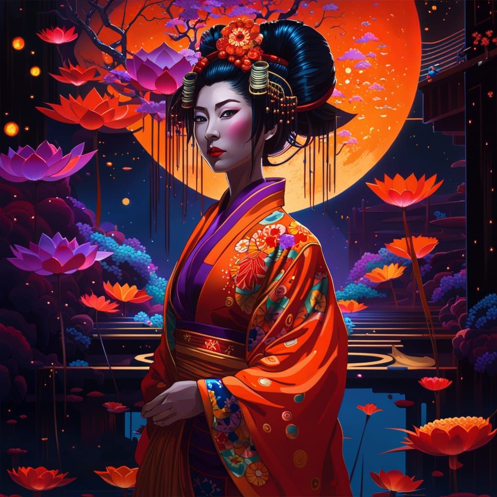 Cyberpunk Geisha in Dreamlike Outer Space Scene