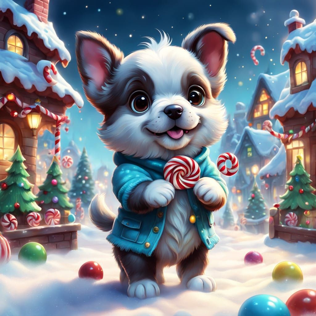 Whimsical Christmas Puppy in Vibrant Candyland