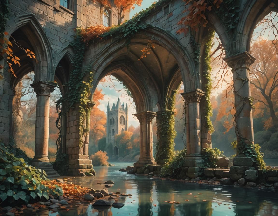 Gothic Building by River in Sunlight: Digital Painting