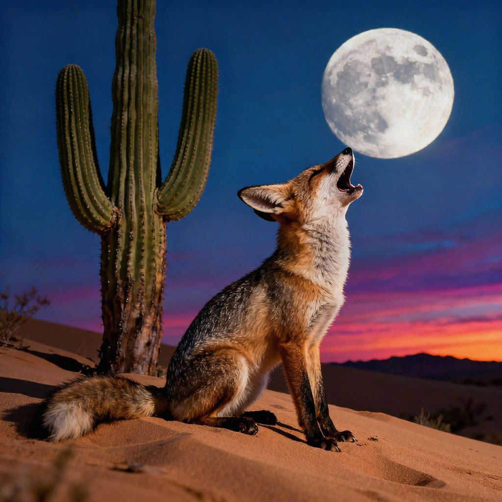 Desert Fox Howling at Full Moon