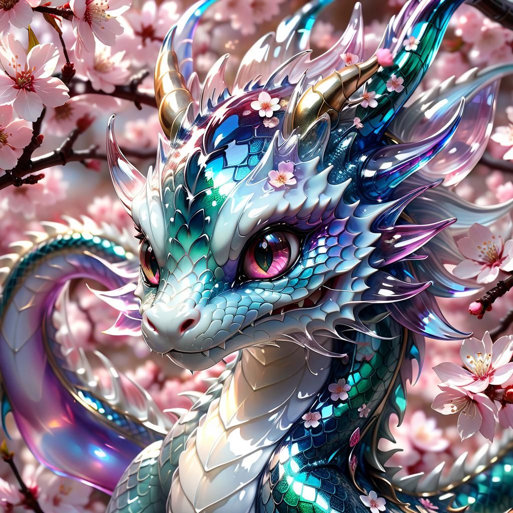 Glass Dragon Portrait with Cherry Blossoms