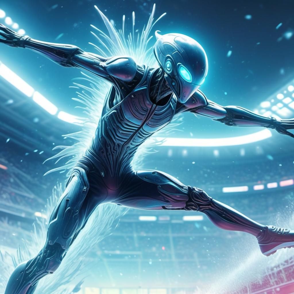 Cyberpunk Alien Long Jumper in Neon Stadium