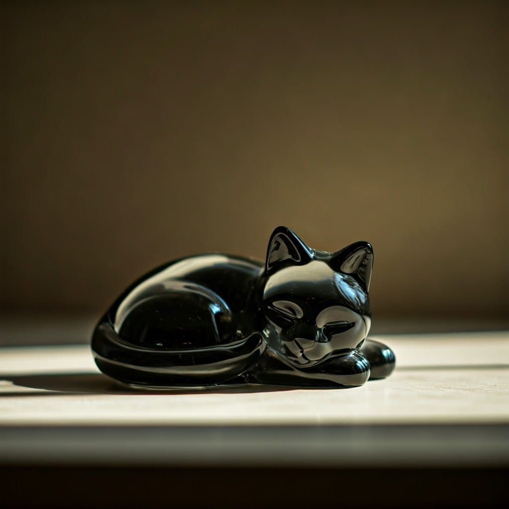 Elegant Glass Black Cat Figurine in Sleeping Pose
