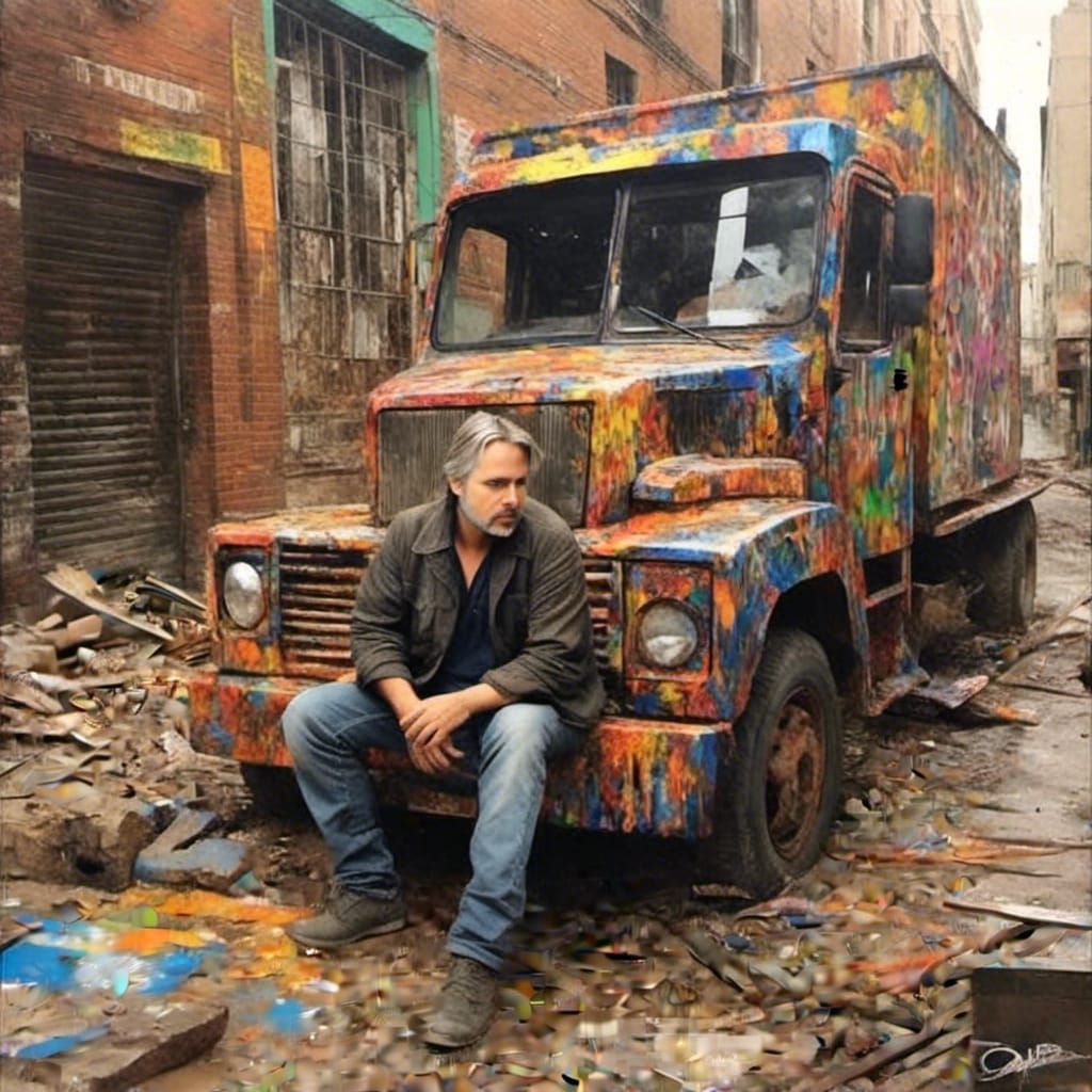 Man with Beer Truck in Graffiti Street Art