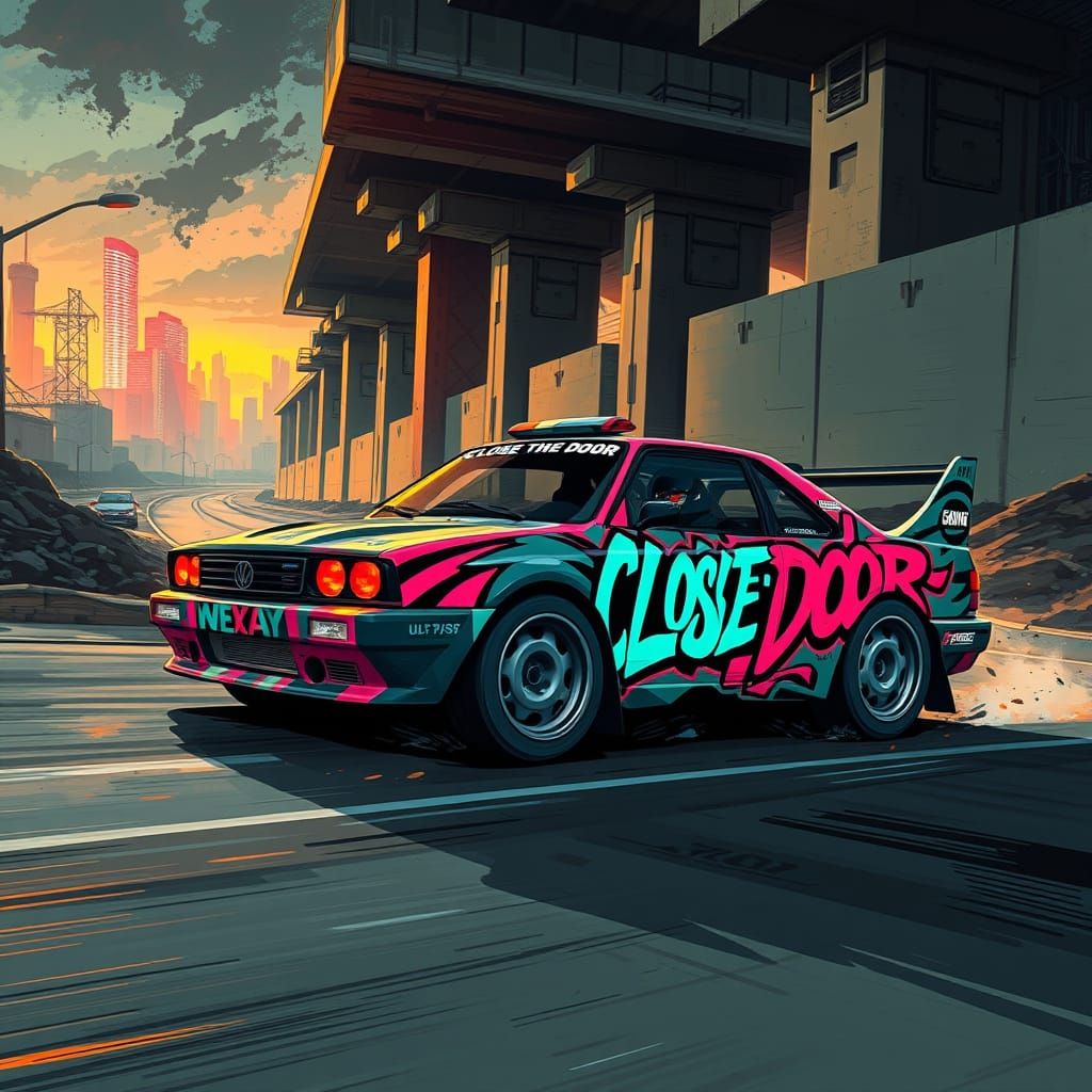 Rally car wrapped in "close the door" artwork 