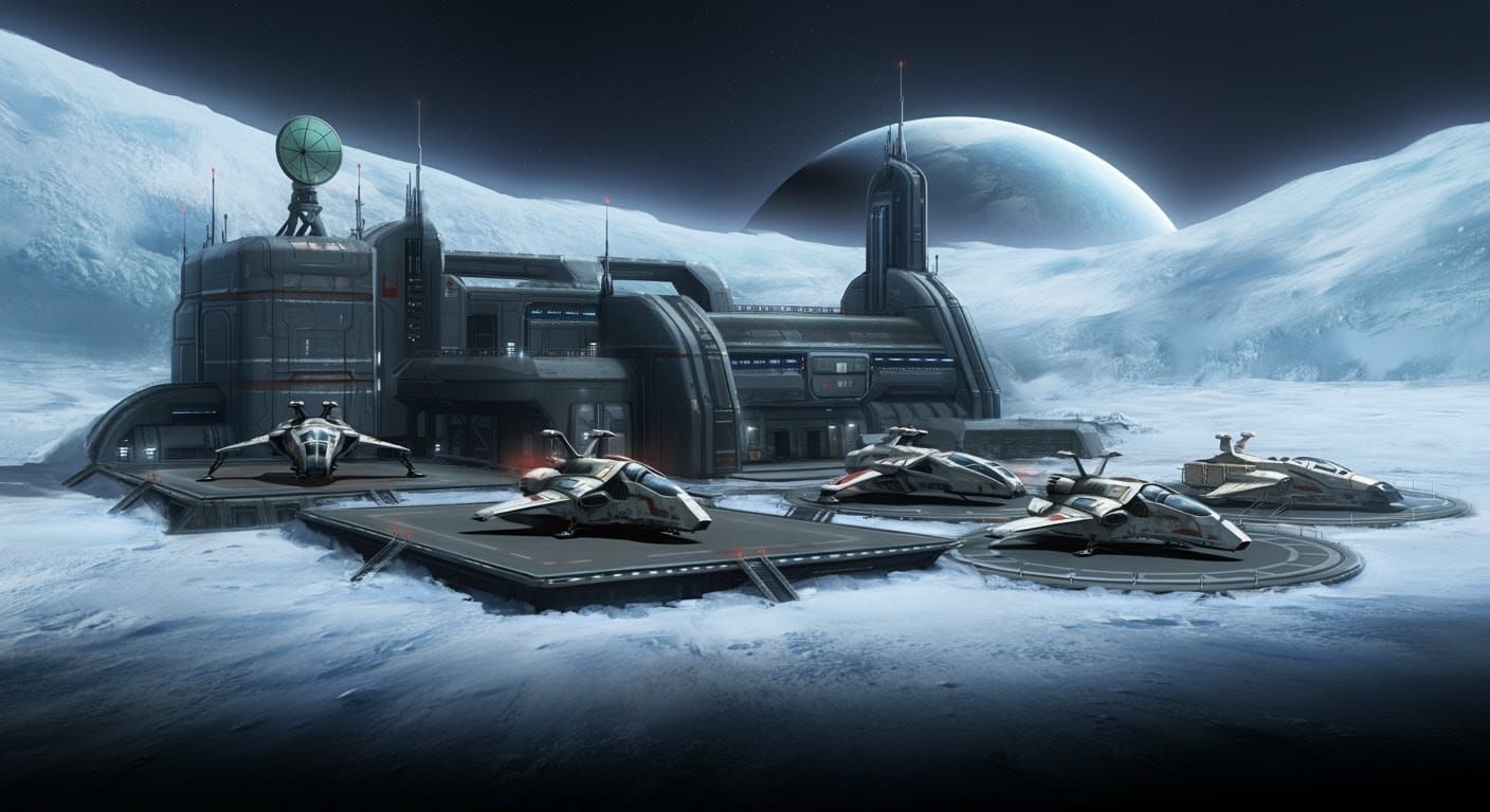 Futuristic Rebel Base on Frozen Moon in Dystopian Style