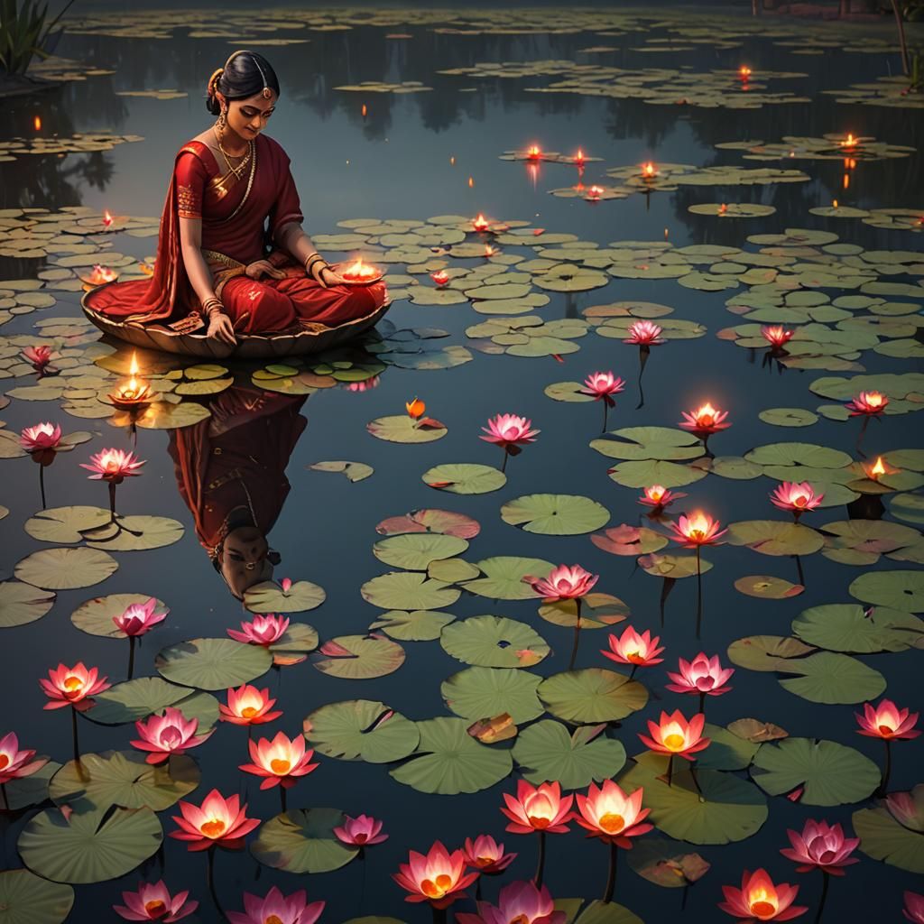 Woman Lighting Lamps in Lotus Pond: Fantasy Art