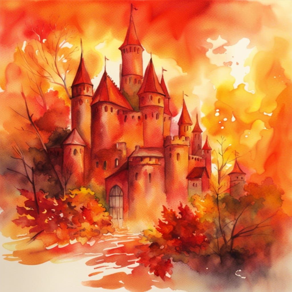 Fiery Autumn Castle: A Watercolor Fantasy