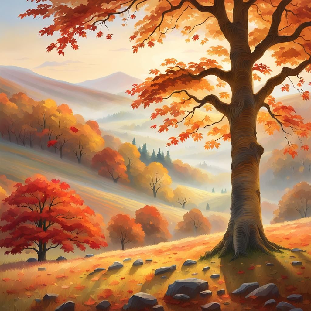Maple Tree in Autumn Scenery: Impressionist Landscape
