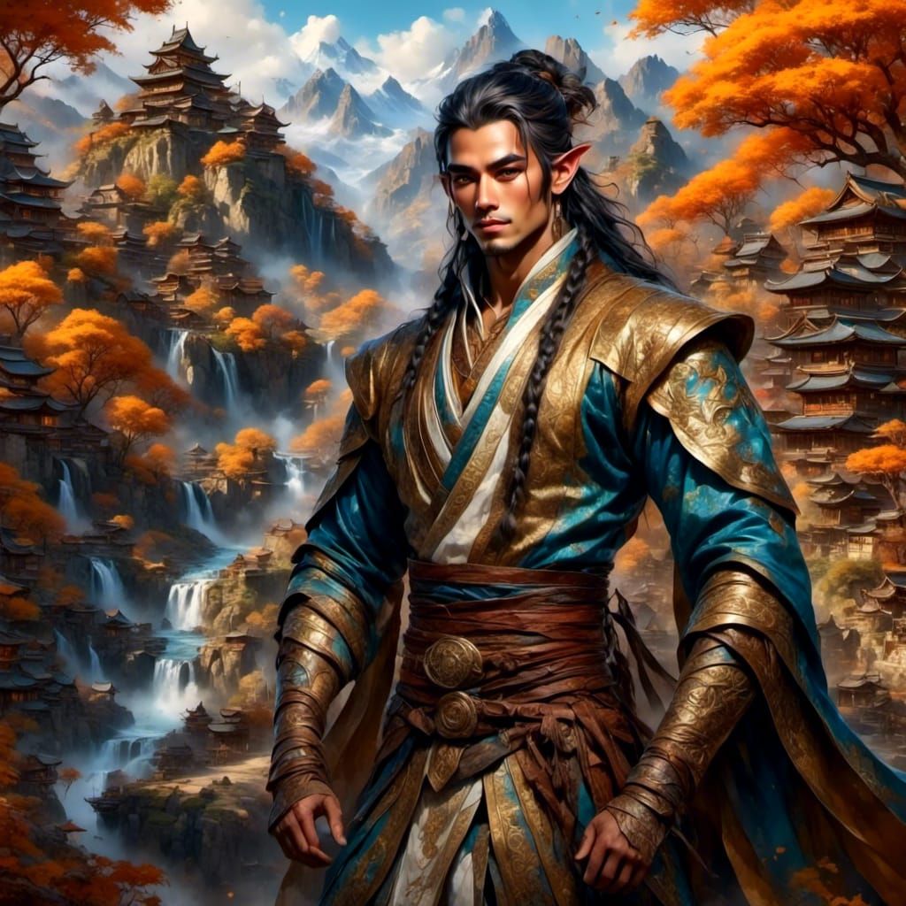 Elven Noble in Japanese Attire: Fantasy Concept Art