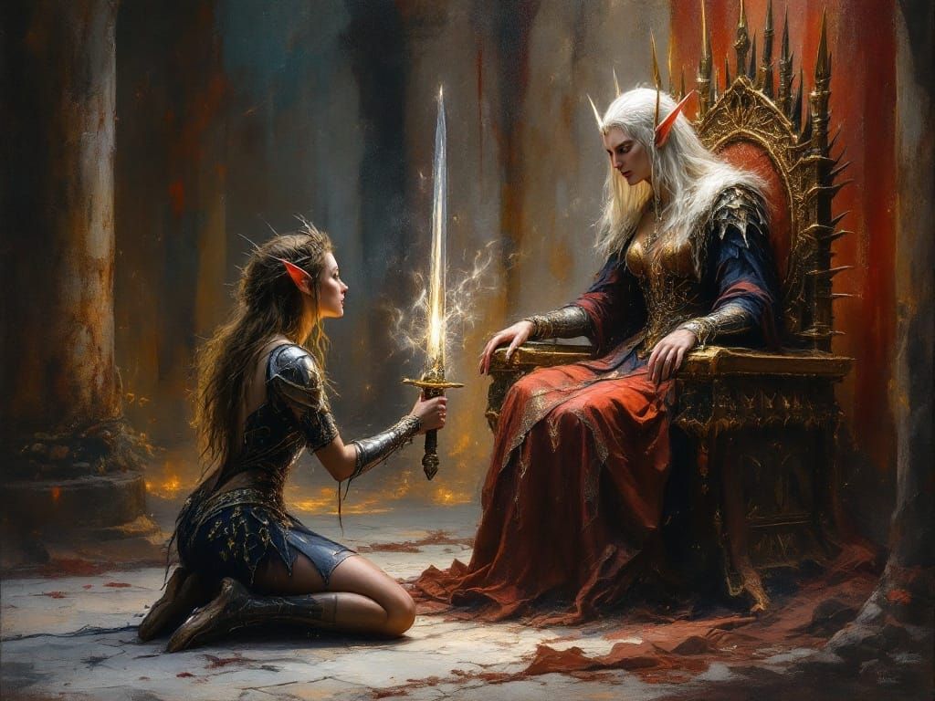 Elegant Elf Offers Regal Queen a Majestic Sword in Intense O...