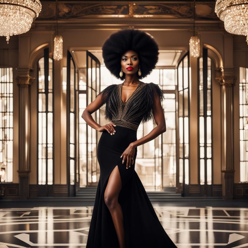 Glamorous Black Woman in Gatsby-Style Gown