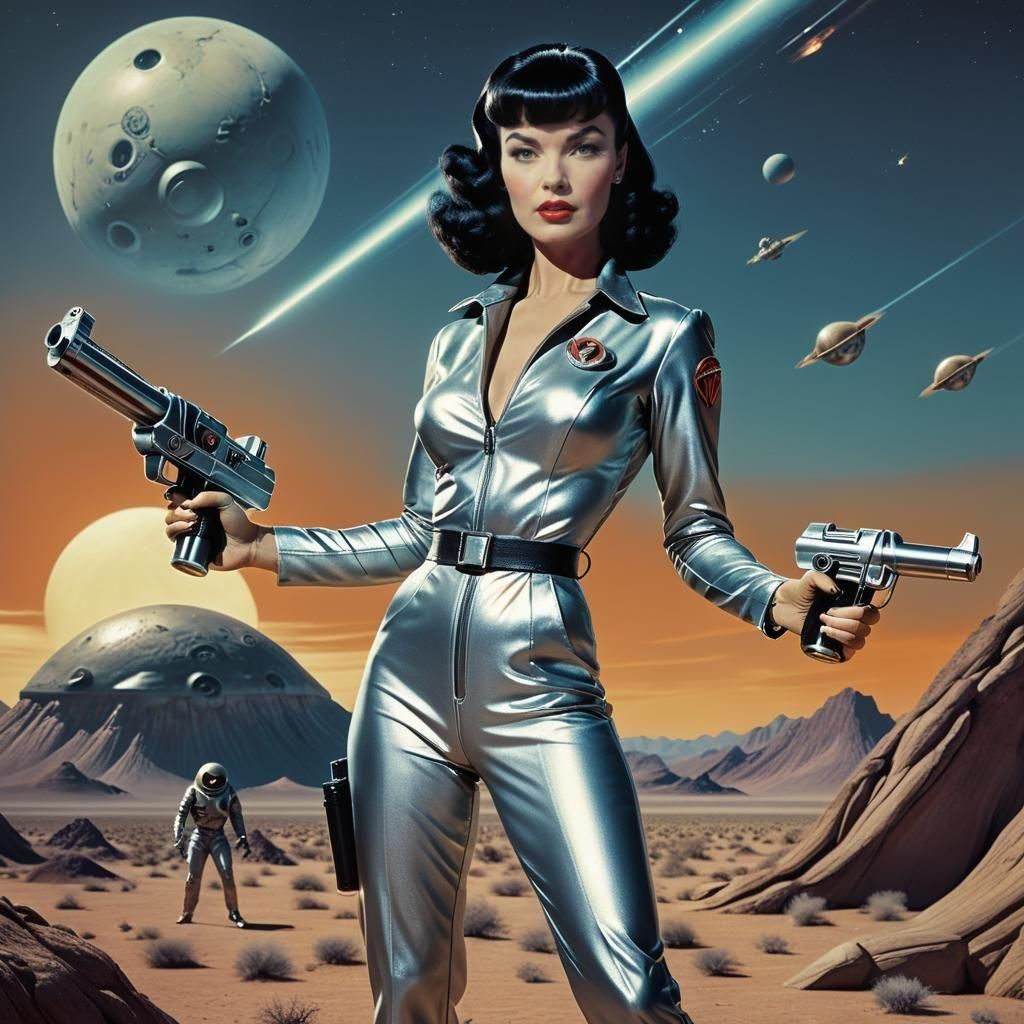 Retro Sci-Fi Bettie Page as Galactic Gunslinger