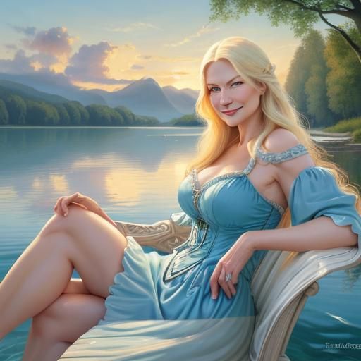 Victorian Woman by Lake at Sundown in Rococo Style