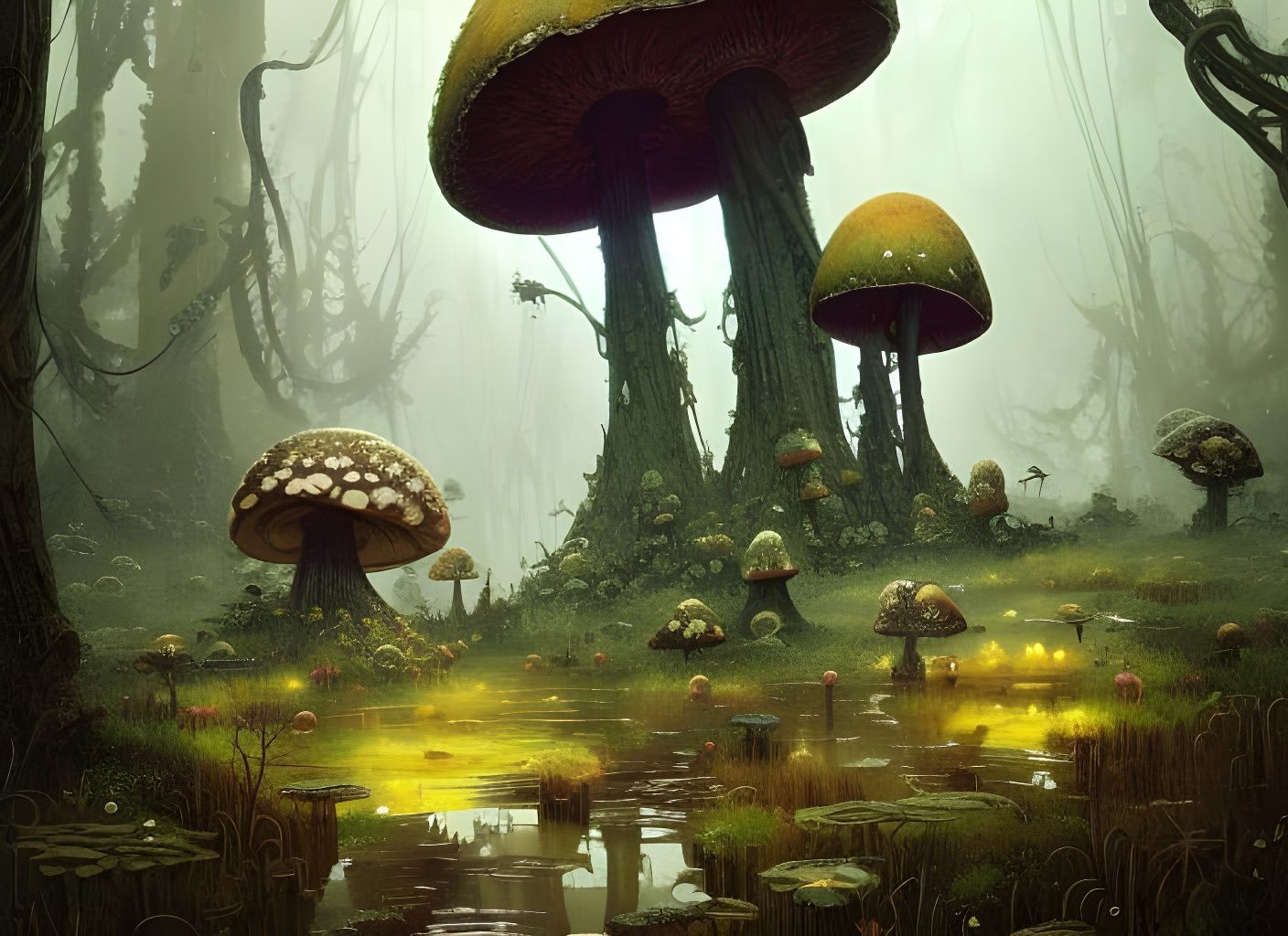 Dark Gritty Watercolor Mushroom Forest Splash Art
