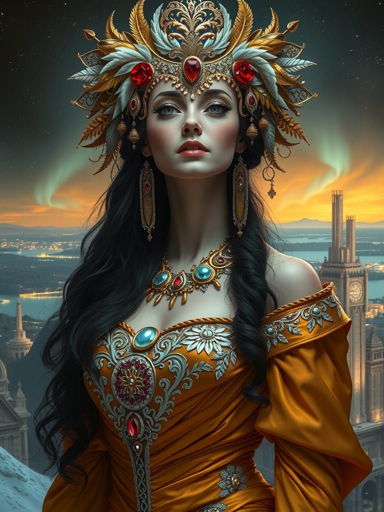 Elegant Woman in Gown and Headdress: Neoclassical Sci-Fi