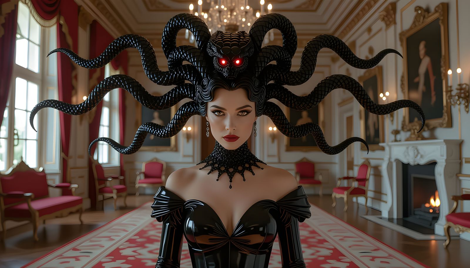 Hyperrealistic Medusa Portrait in Castle Living Room