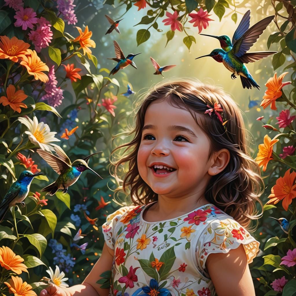 Baby Girl with Hummingbird: Art Nouveau Portrait
