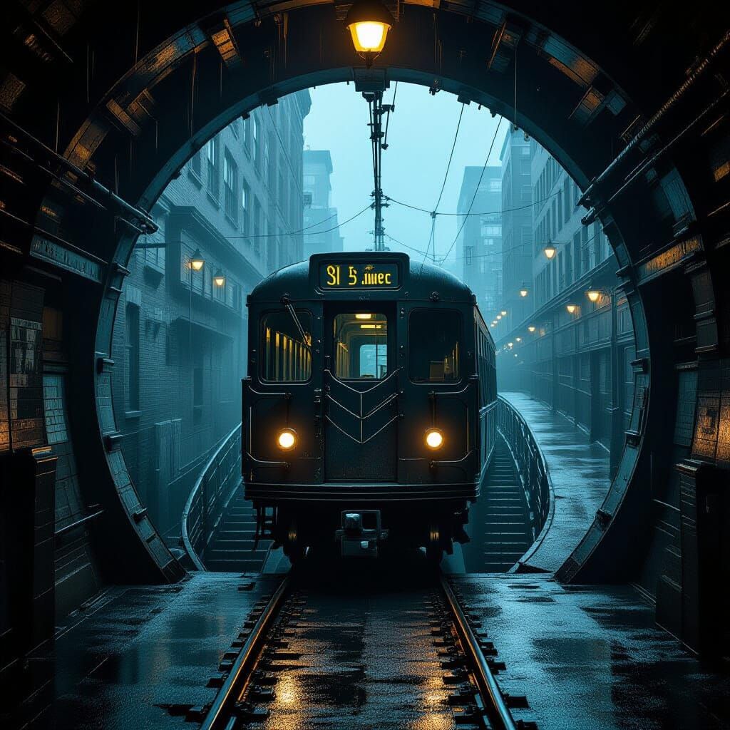 Vintage Subway Car Descending into Foggy Boston Tunnel