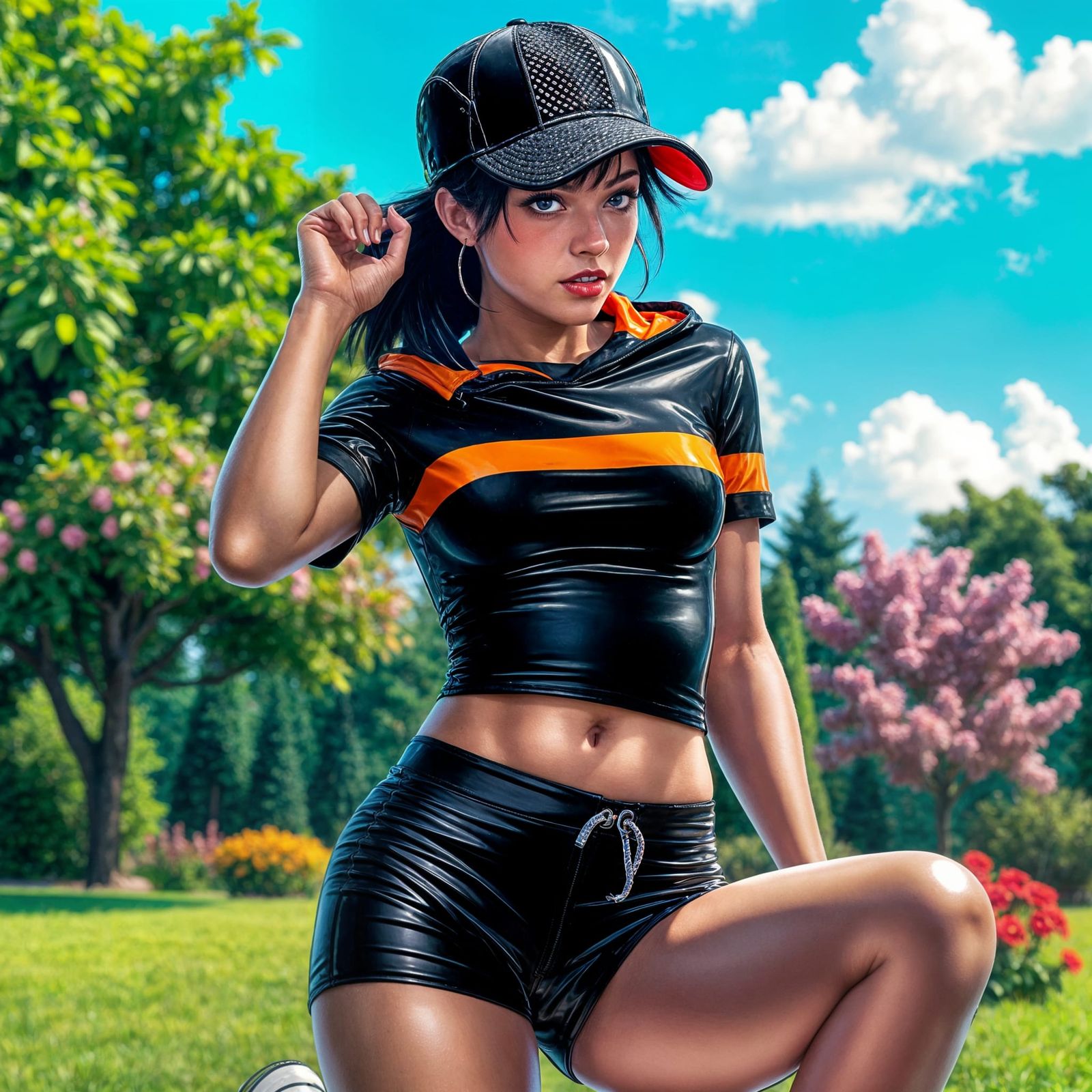 Latex Outfit in Summer Park, Wide Shot