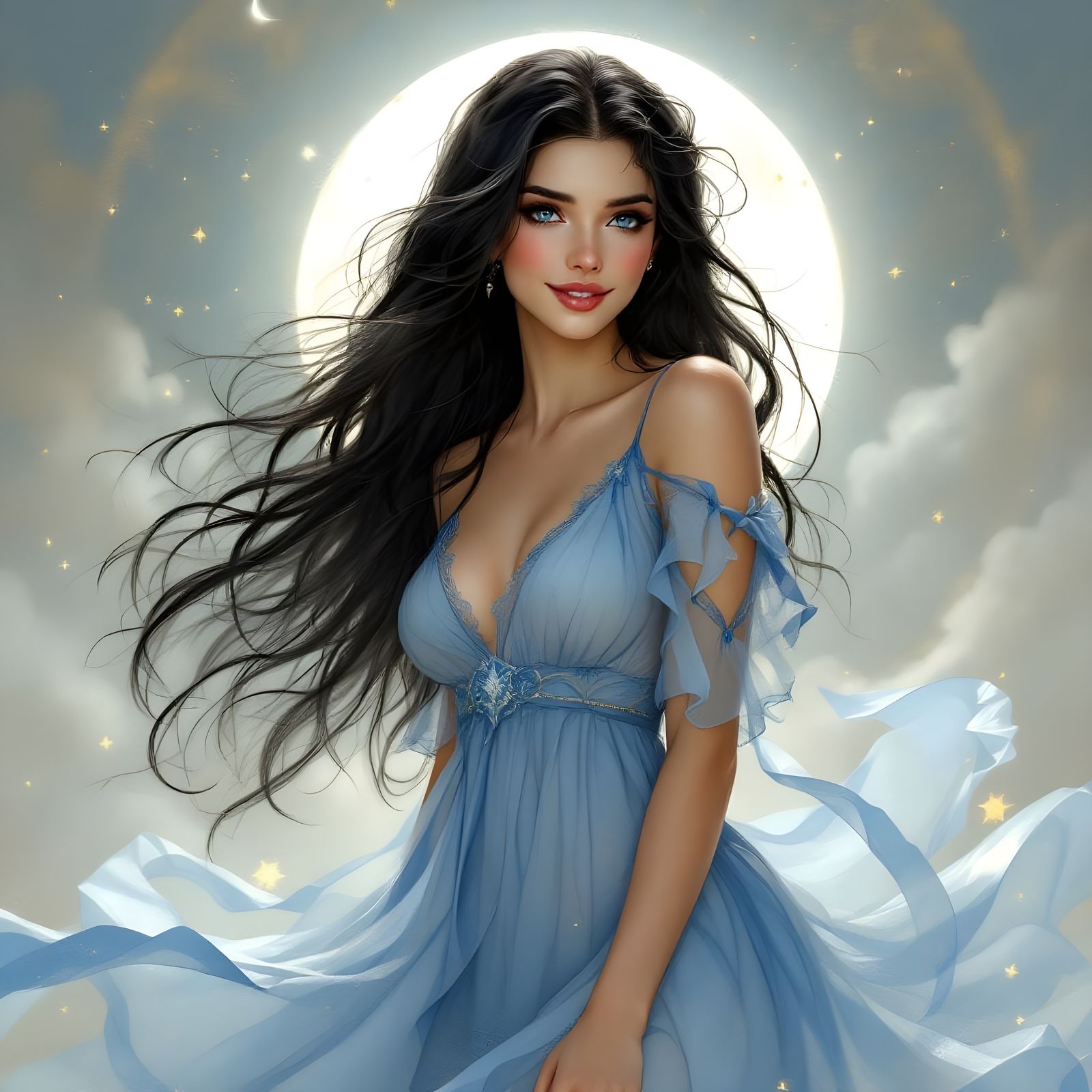 Norse Goddess Portrait with Moonlight, in Garmash Style