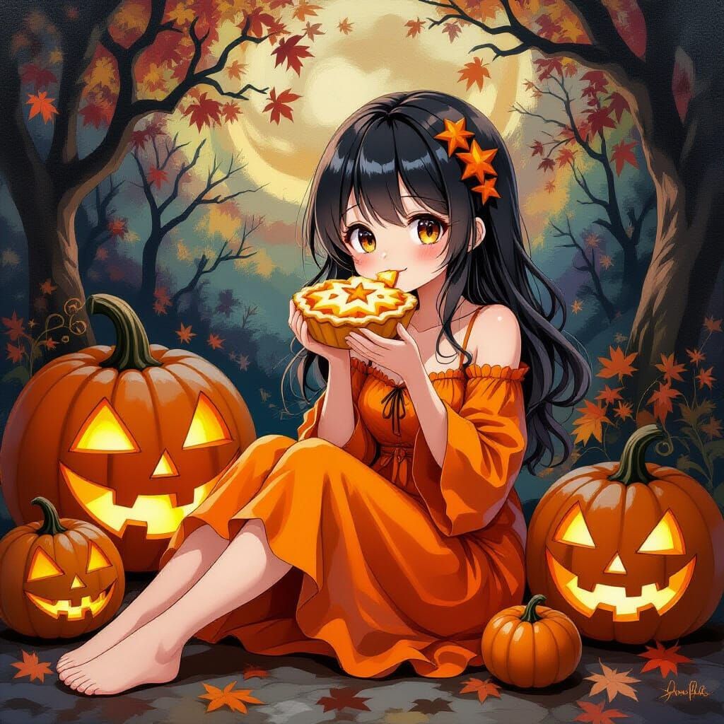 Anime Girl Enjoys Star Pie Beside Halloween Pumpkins