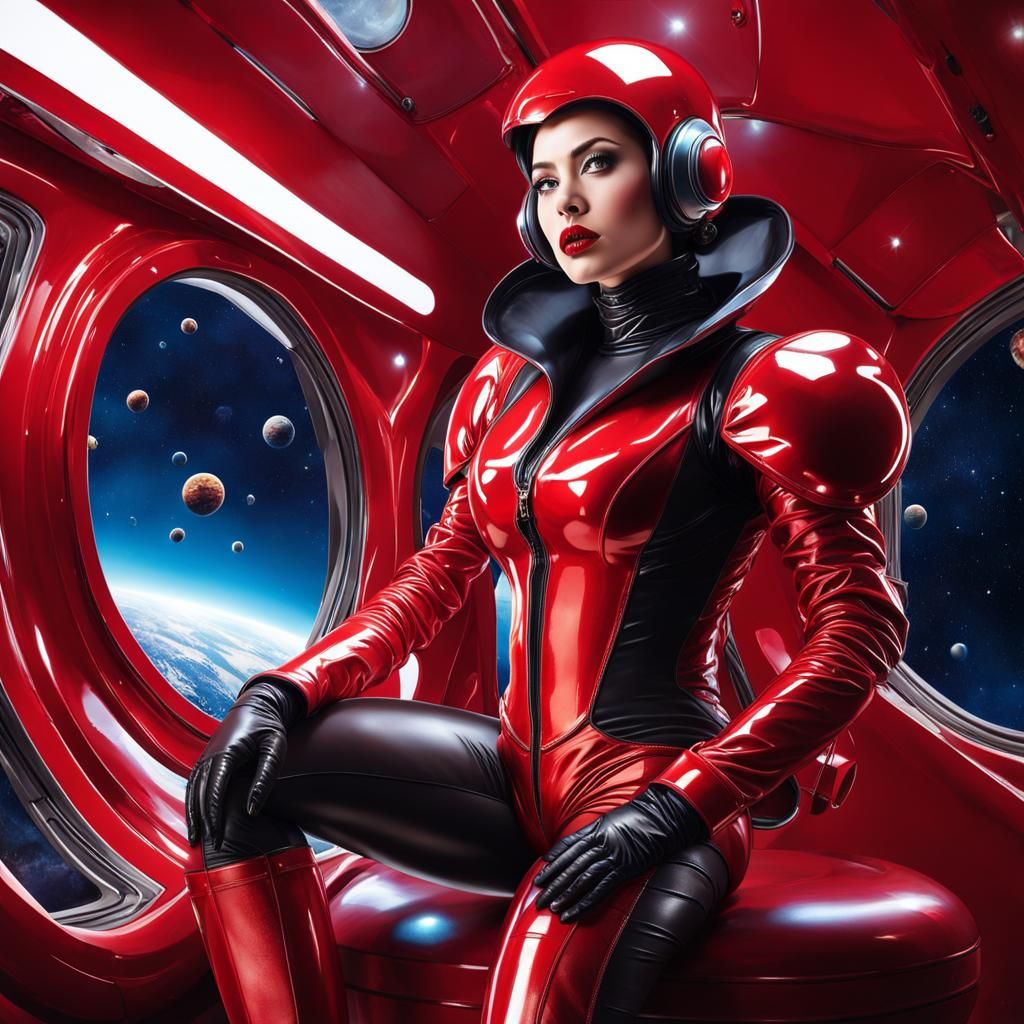 Woman in Latex Spacesuit on Starship
