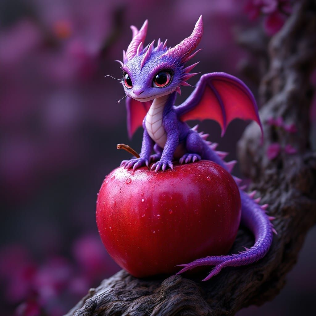 Regal Purple Dragon on Vibrant Crimson Apple in Whimsical Fa...
