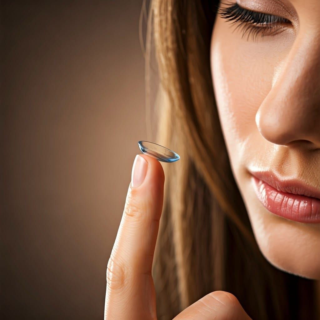 Hyperrealistic Close-Up of Woman Examining Contact Lens